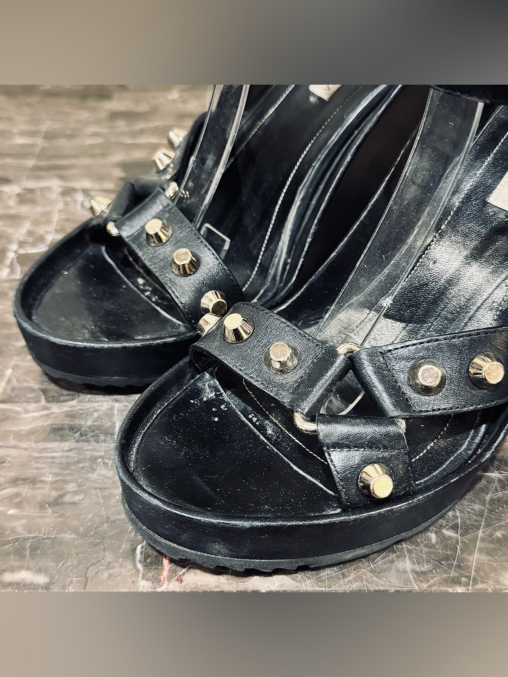 Balenciaga Black Leather Studded Wedge Sandals - Picture 2 of 16